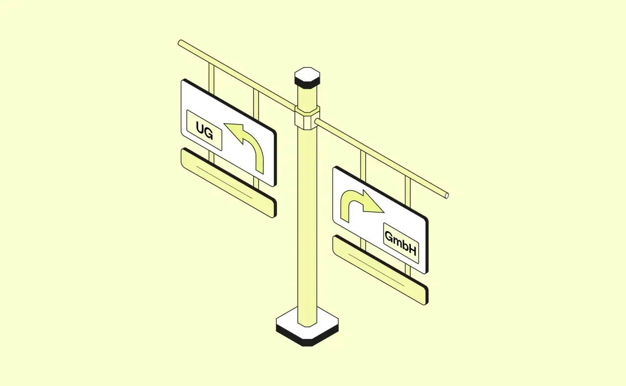 Wegweiser mit Schildern für UG und GmbH. Eine Abzweigung, die den Weg zur UG nach links und zur GmbH nach rechts weist.