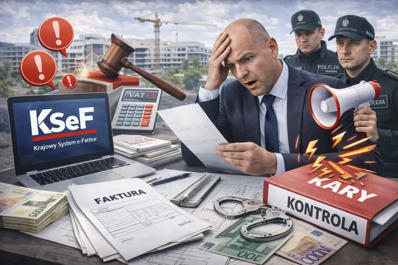 Zestresowany mężczyzna z dokumentami, obok laptop KSeF, kalkulator VAT, kajdanki i książka "KONTROLA KARY". Wygląda na to, że czeka go kontrola, a faktura nie VAT może być problemem.