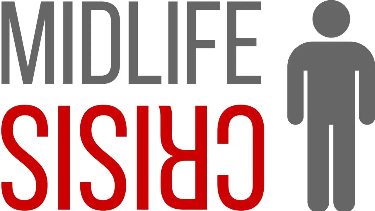 Midlife crisis man: hoe lang duurt het? Grijze tekst "MIDLIFE" en rode tekst "CRISIS" met een grijze man-icoon.