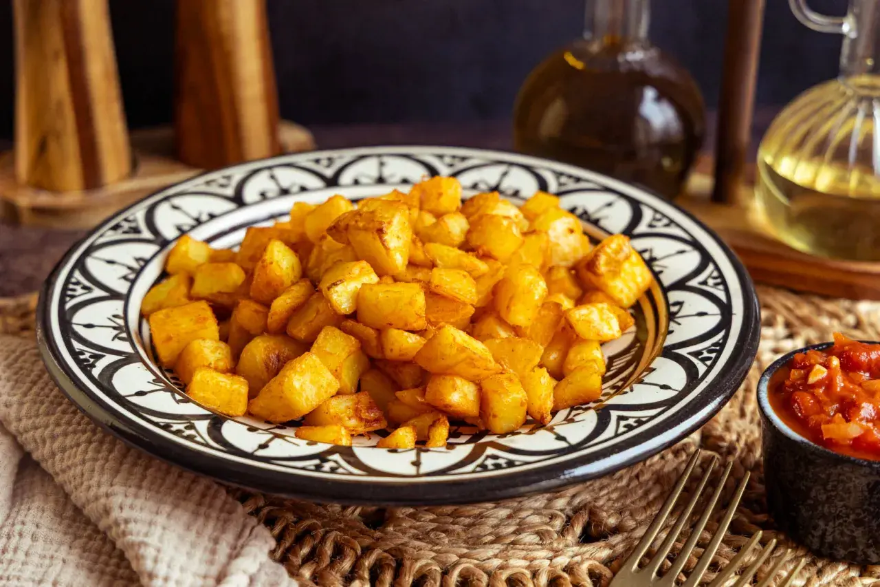 Goldbraune Kartoffelwürfel, perfekt für ein Patatas Bravas Rezept, serviert auf einem marokkanisch inspirierten Teller. Daneben eine Schale mit würziger Tomatensauce.
