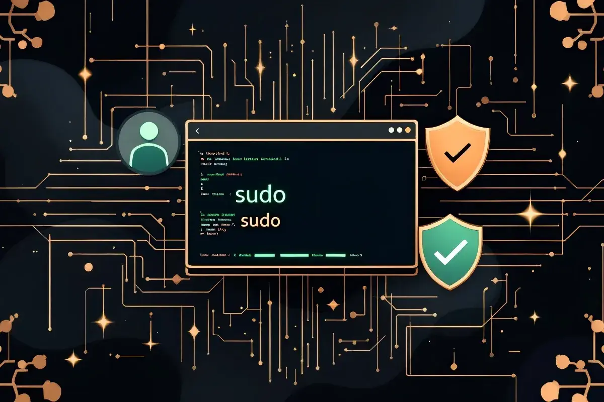 Terminal z komendą sudo w systemie alias linux. Ikona użytkownika i tarcze z potwierdzeniem bezpieczeństwa na tle obwodów drukowanych.