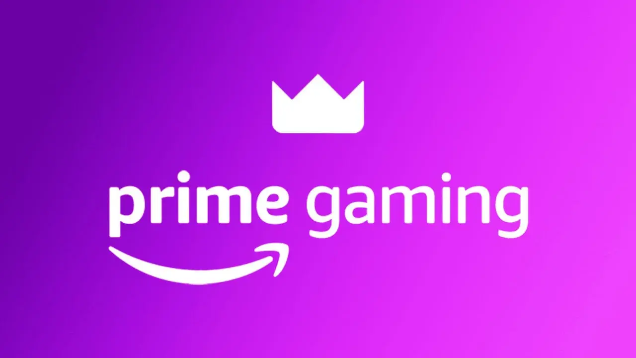 Logo Prime Gaming z koroną i strzałką Amazon na fioletowym tle.