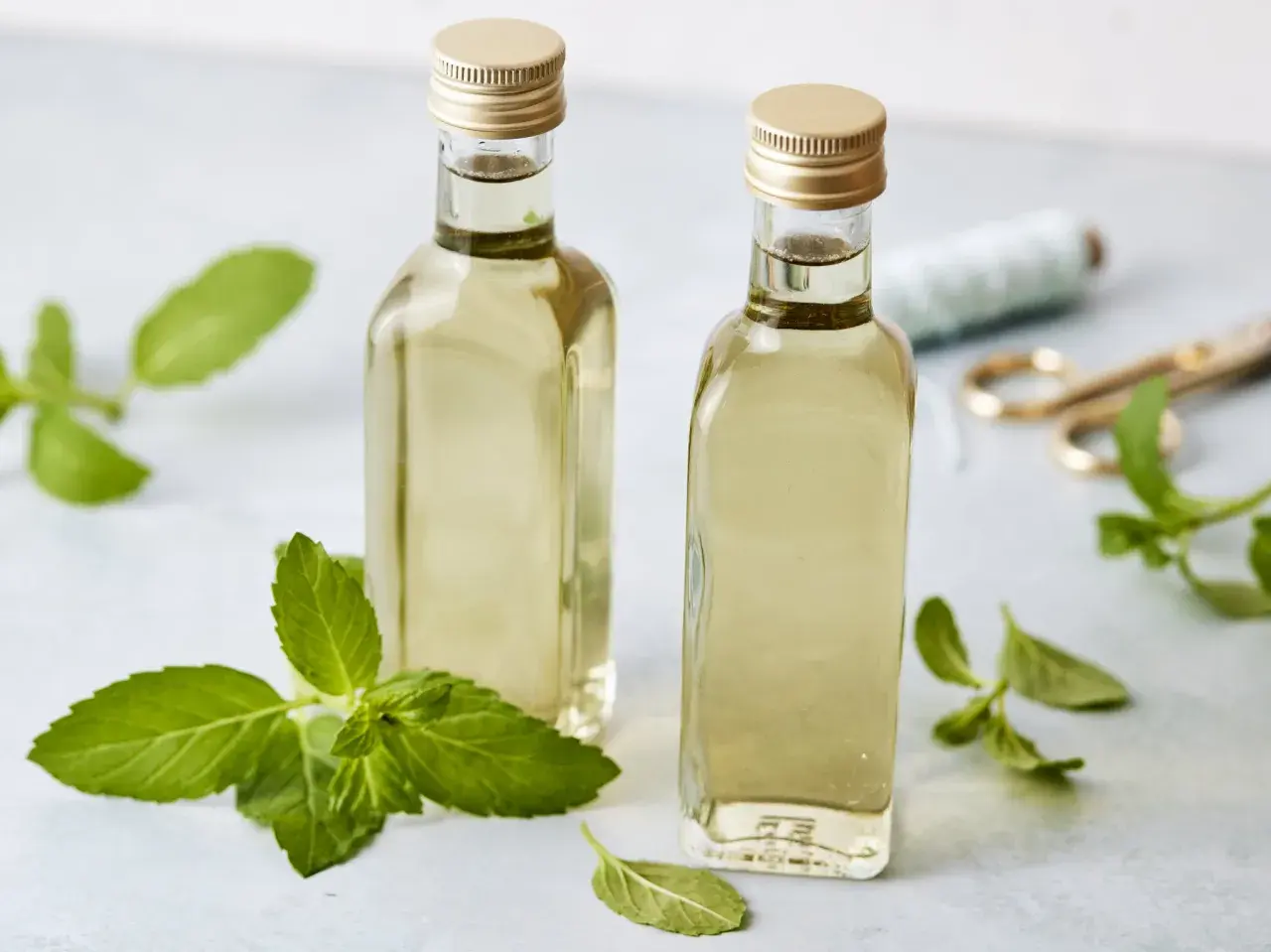Zwei Flaschen mit selbstgemachtem Minzsirup, umgeben von frischen Minzblättern. Ein schönes Projekt für den Sommer!
