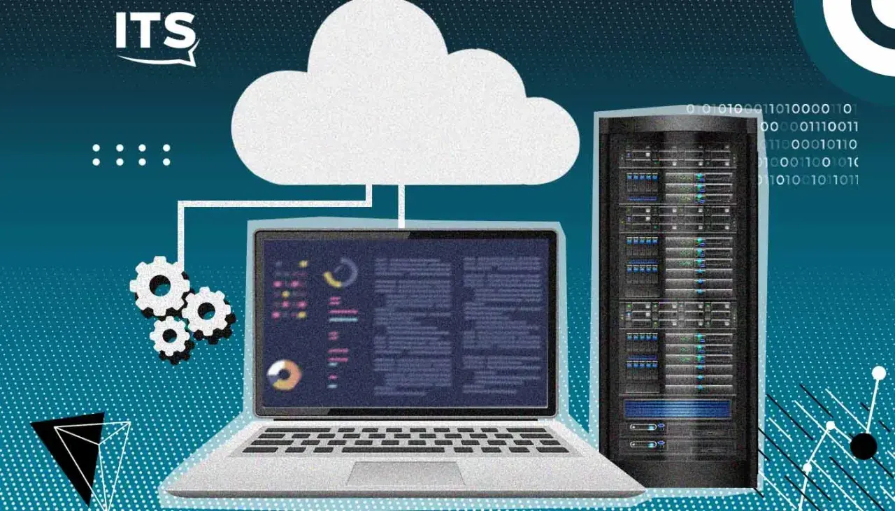 Illustration d'un cloud, d'un serveur et d'un ordinateur portable affichant des données, symbolisant des systèmes d'information interconnectés.
