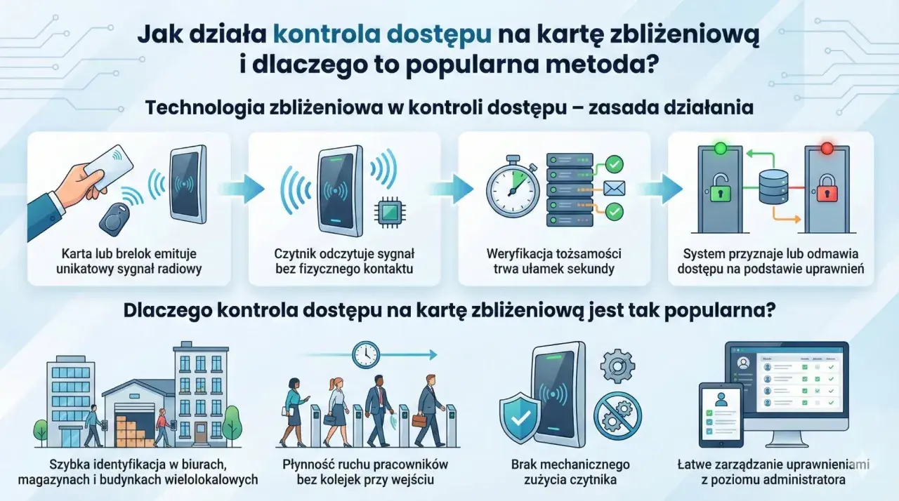 Ilustracja pokazuje, jak działają metody dostępu do sieci oparte na kartach zbliżeniowych: od emisji sygnału, przez weryfikację, po przyznanie dostępu.