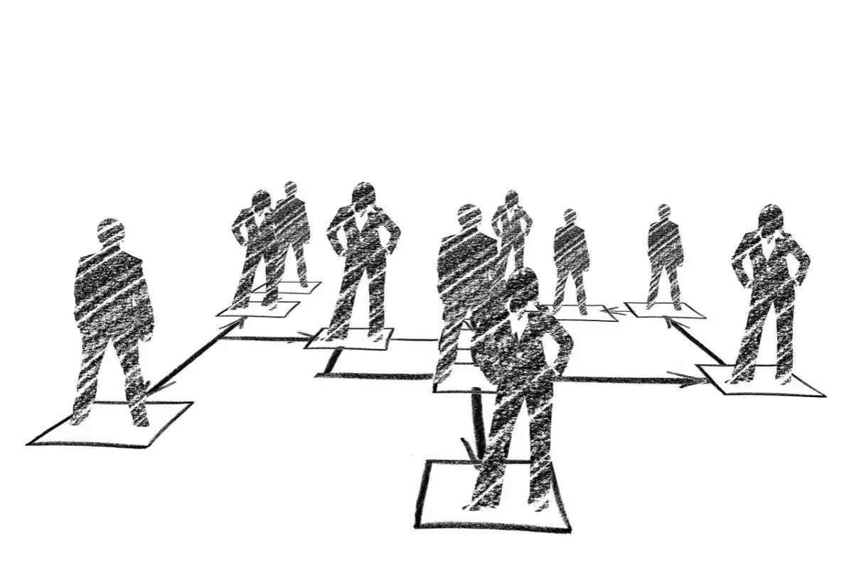 A flowchart illustrates leadership positions, showing figures in suits connected by arrows, representing hierarchy and reporting lines.