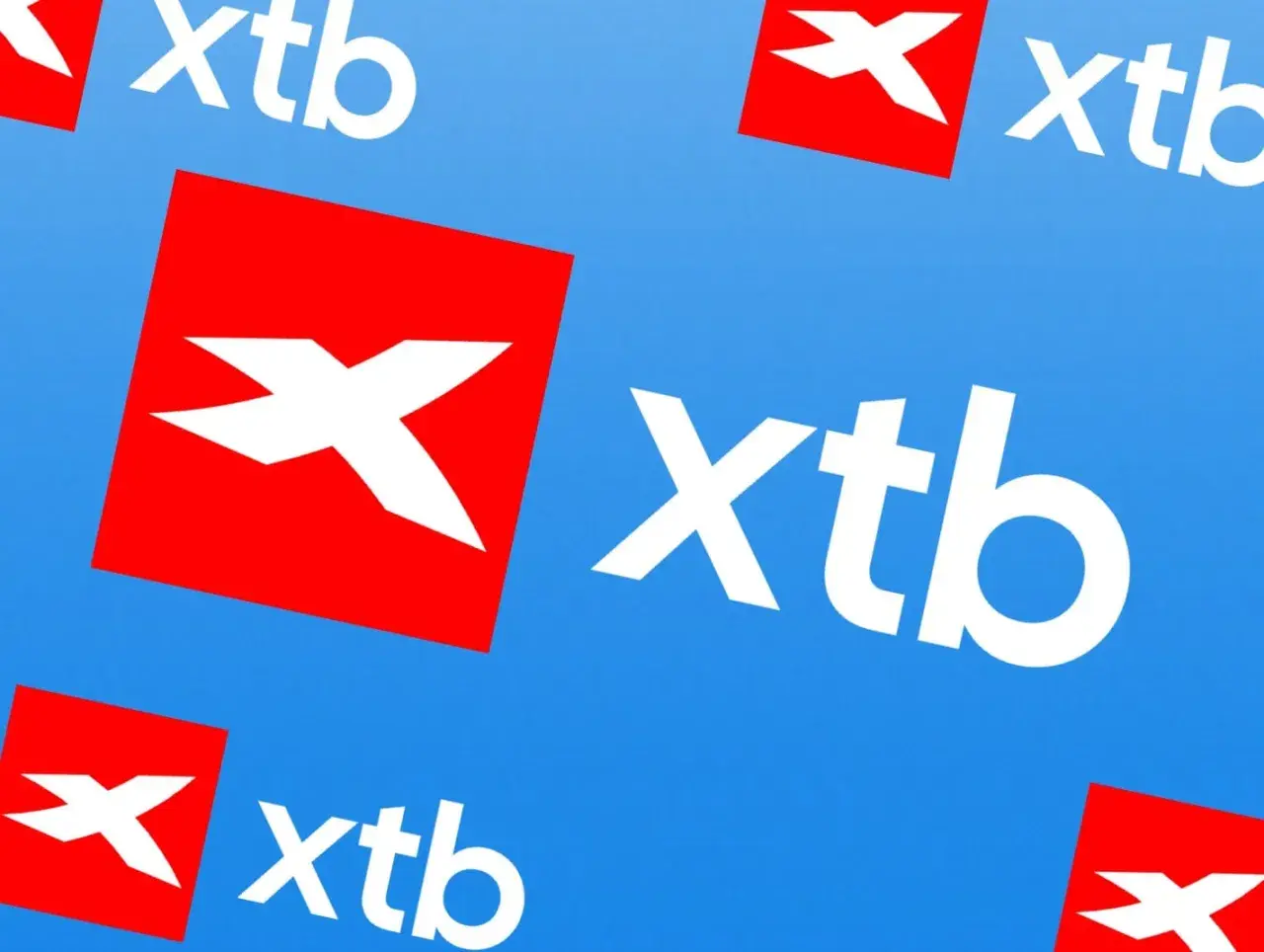 Viele rote Quadrate mit weißem X und das Logo "xtb" auf blauem Hintergrund. Hier sind meine xtb erfahrungen.