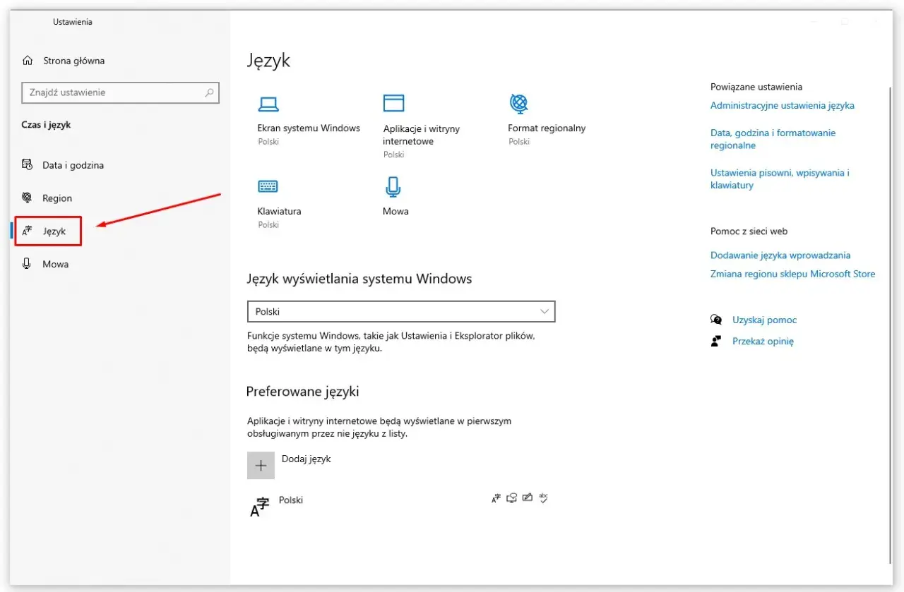 Ustawienia systemu Windows 10: sekcja Język. Możliwa zmiana języka wyświetlania systemu, preferowanych języków i ustawień klawiatury.