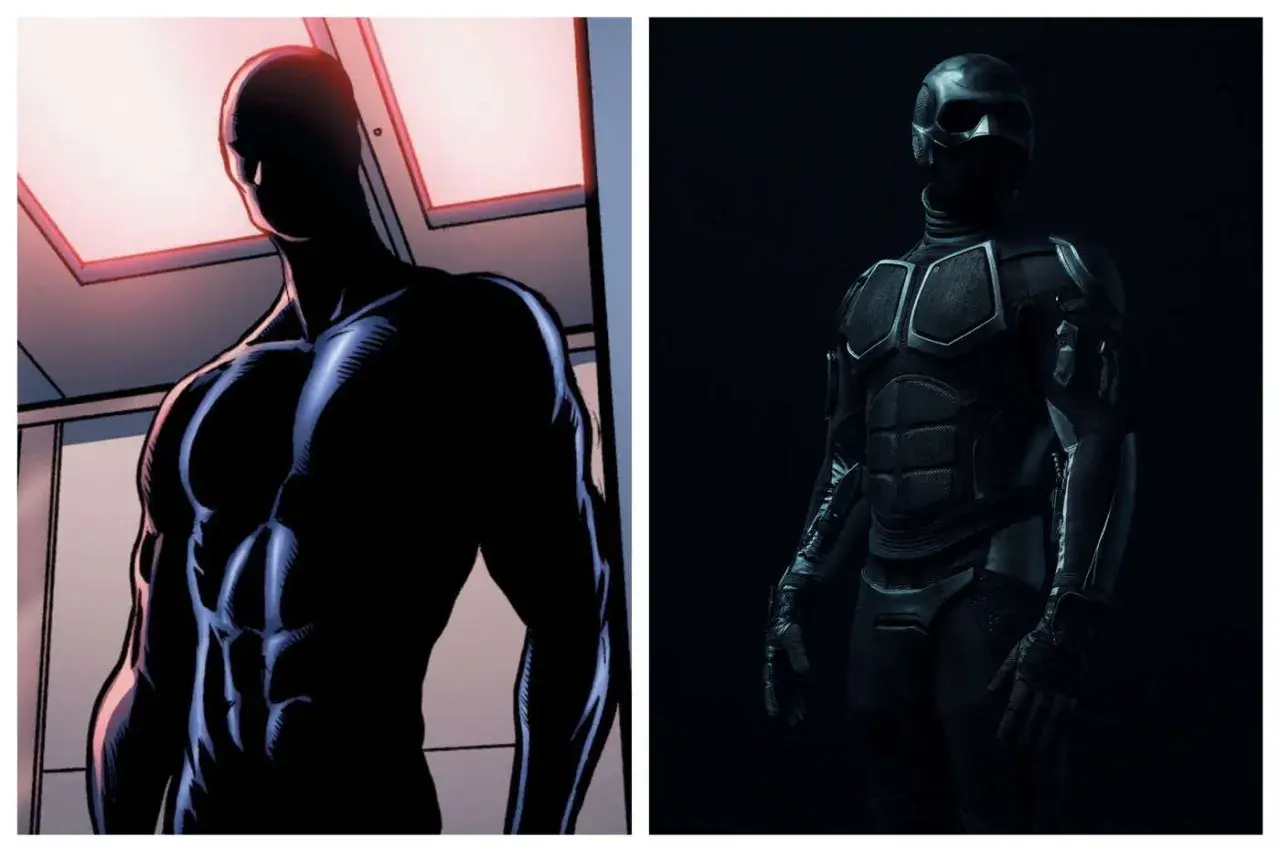 Le **black noir sans masque** de la BD à gauche, et le même héros en costume réaliste à droite.