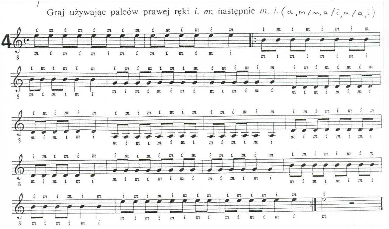 Nuty na gitarze z oznaczeniami palców prawej ręki (i, m). Ćwiczenie palcowania.