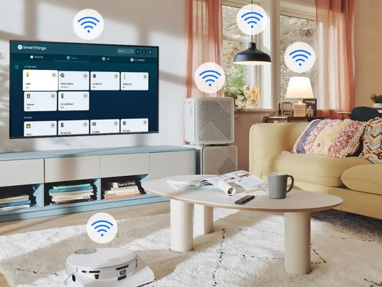 Salon z robotem sprzątającym i inteligentnymi urządzeniami sterowanymi przez smart hub.