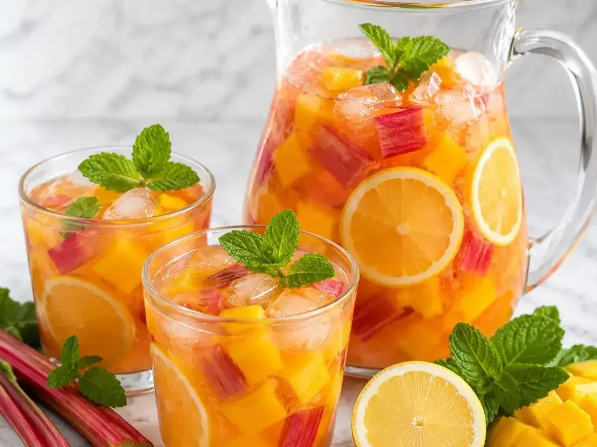 Orzeźwiająca lemoniada z rabarbaru, mango i cytryny, podana z lodem i miętą. Idealna na upalne dni.