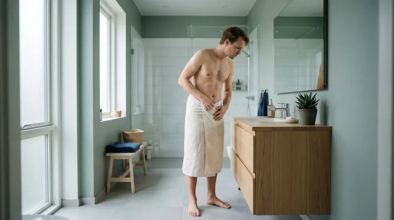 Man i handduk undersöker hudflikar underlivet i badrummet.