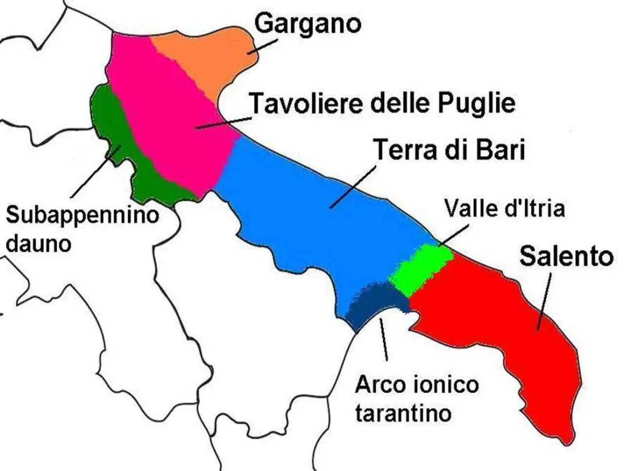 Mappa colorata che mostra dove si trova la Puglia, con le sue regioni: Gargano, Tavoliere, Terra di Bari, Valle d'Itria, Salento, Arco ionico tarantino e Subappennino dauno.