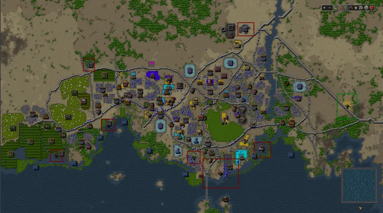 Mapa strategiczna z gry Songs of Syx. Widoczna rozbudowana osada z budynkami, drogami i zasobami, otoczona wodą i terenami zielonymi.