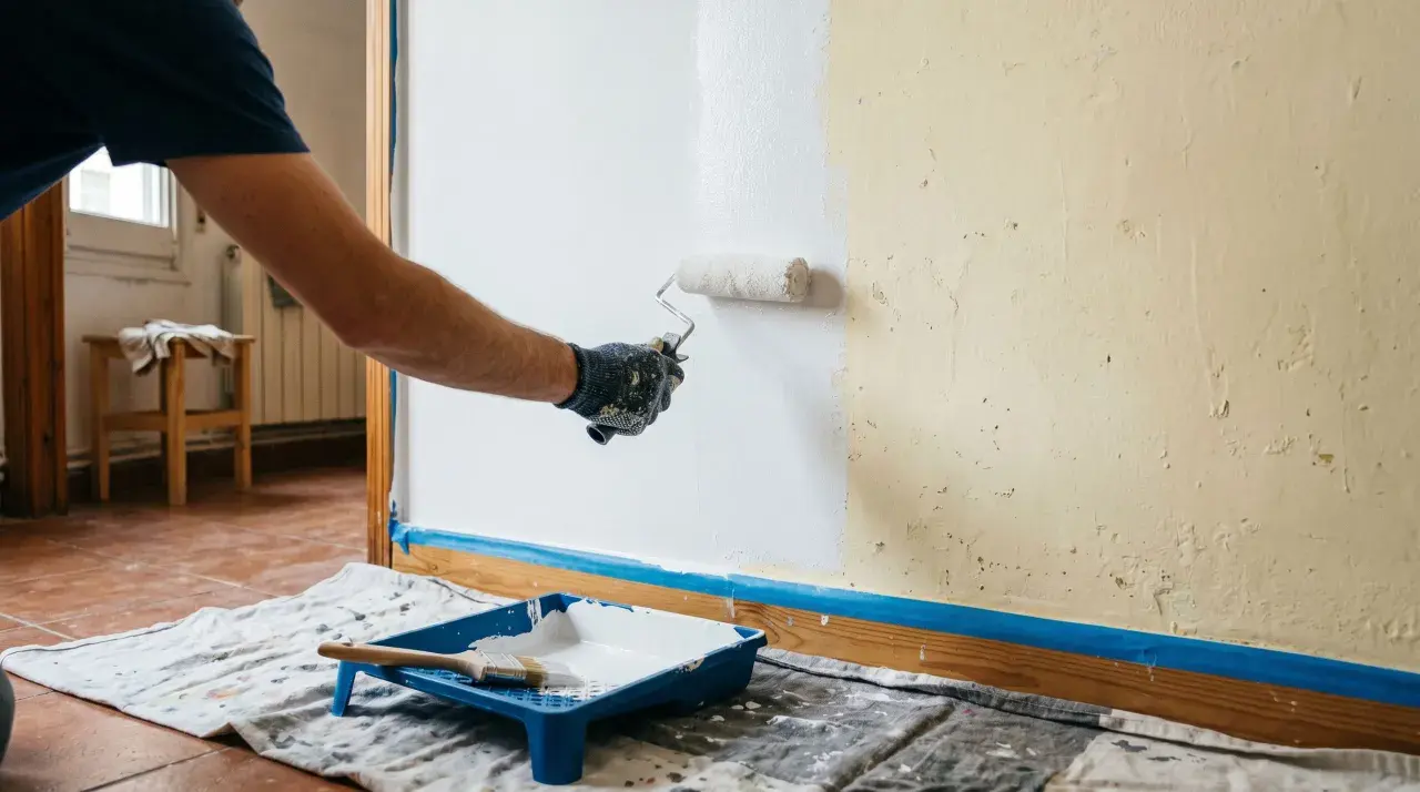 Persona con guantes pinta pared de blanco con rodillo. Bandeja con pintura y brocha lista para seguir como pintar una pared.