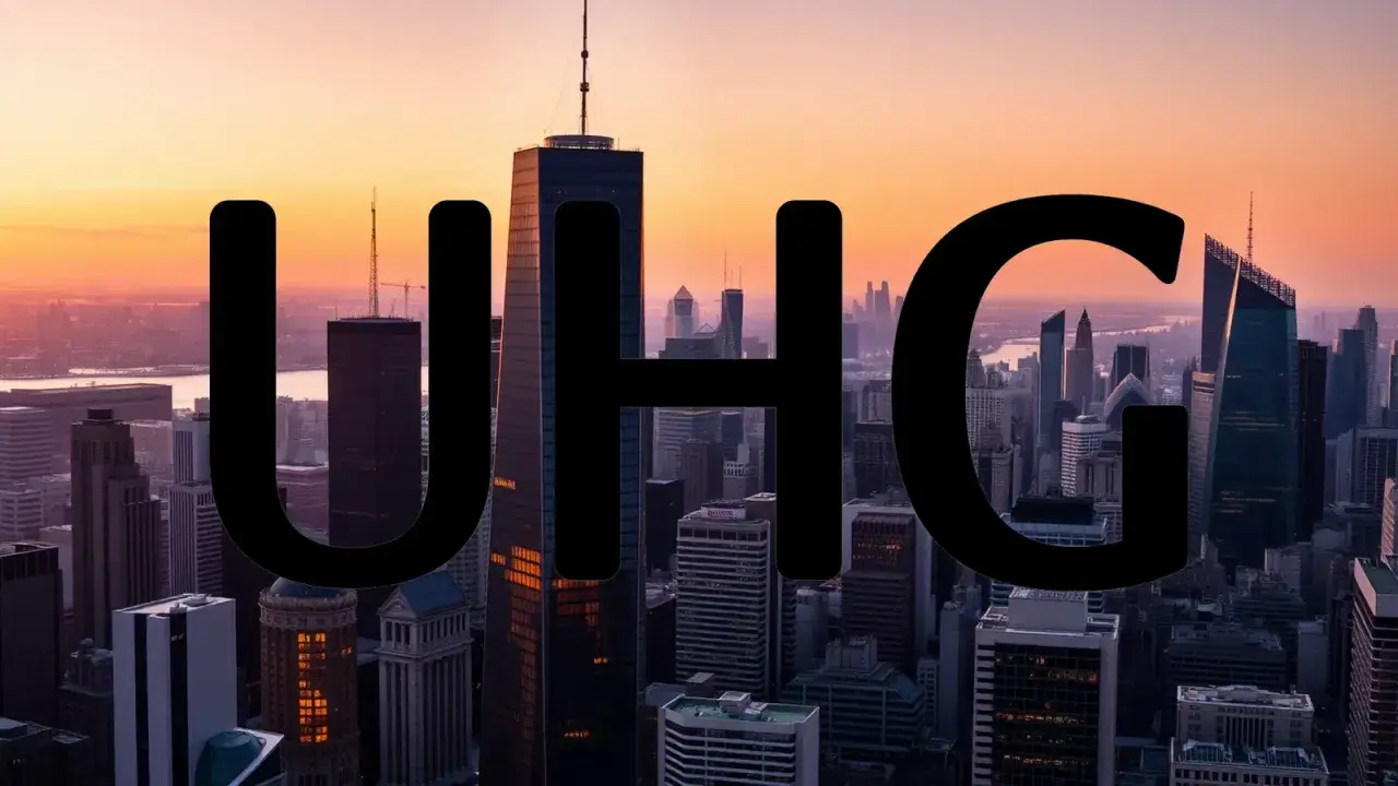 Große schwarze Buchstaben "UHG" über einer Skyline bei Sonnenuntergang. Ein Symbol für die Bedeutung von United Health in der modernen Stadt.