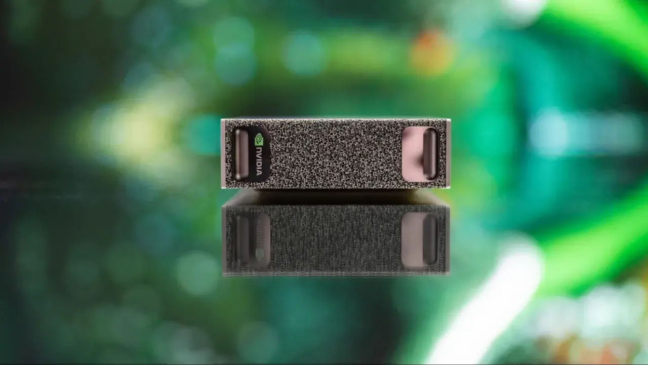 NVIDIA DGX Spark, kompaktowy moduł obliczeniowy, odbija się od błyszczącej powierzchni.