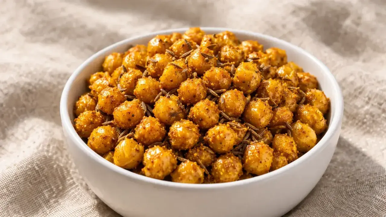 Un bol de pois chiche grillé, croustillants et épicés, parsemés de graines de cumin. Un snack sain et savoureux.