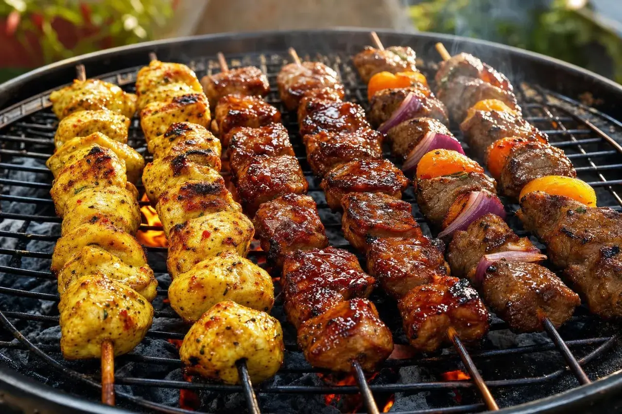Brochettes de viande grillée, poulet et bœuf, sur un barbecue. Les braises rougeoient sous la grille.