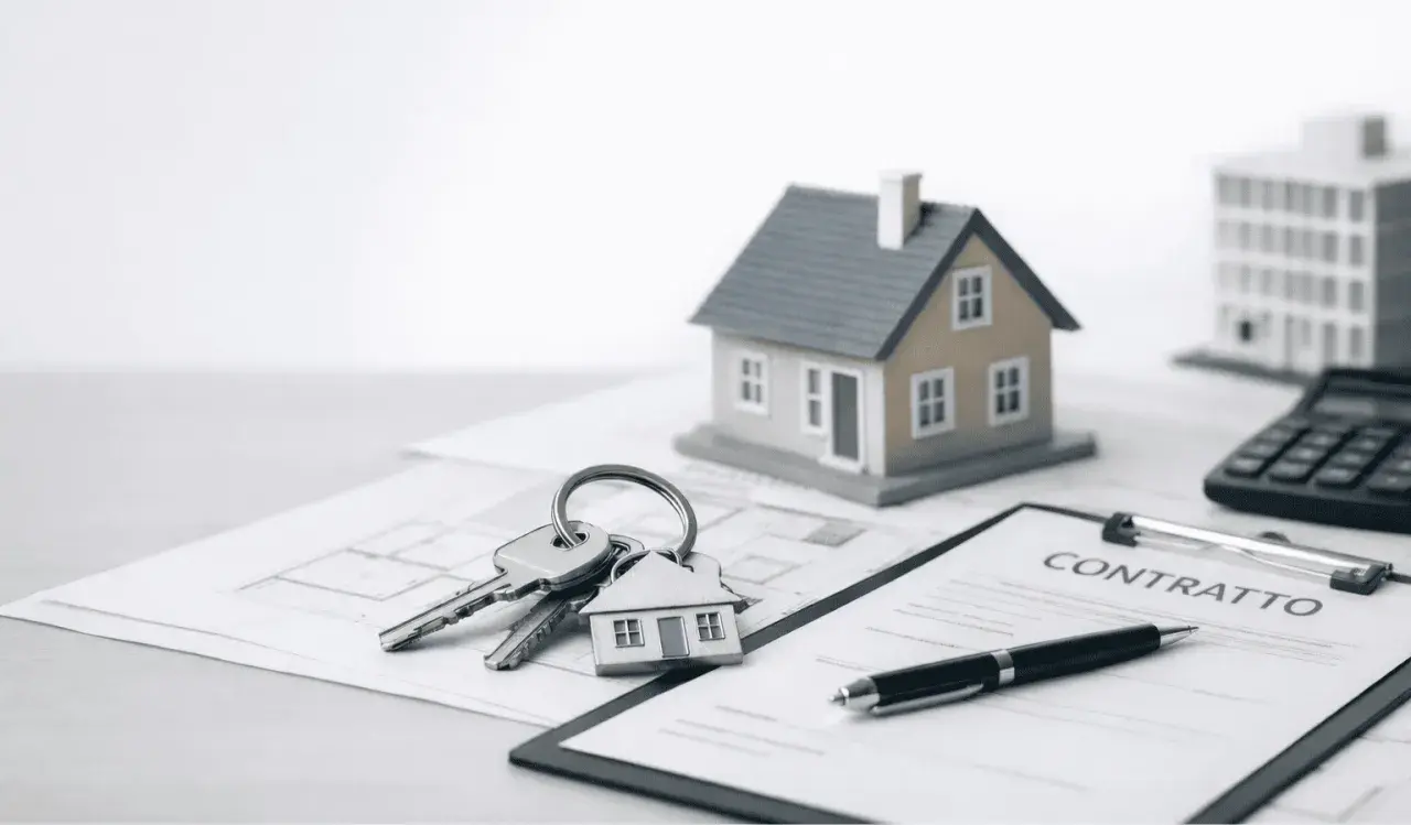Chiavi con portachiavi a forma di casa, contratto, calcolatrice e modelli di edifici. Potrebbe essere una **monitoria di sgombero** o un accordo immobiliare.