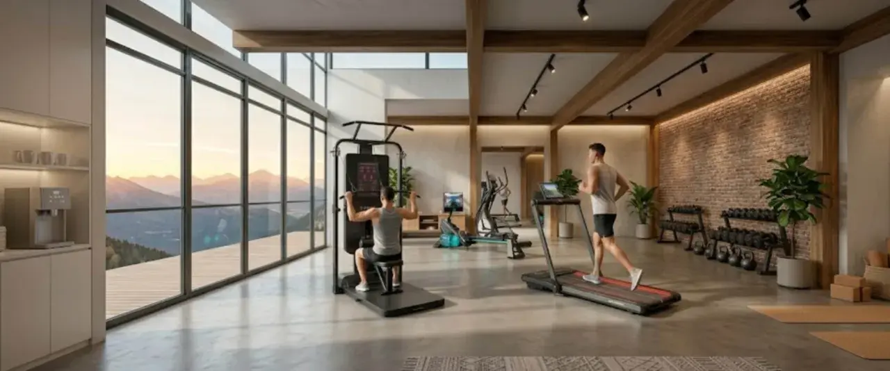 Männer trainieren im modernen Fitnessraum mit Panoramablick. Einer läuft auf dem Laufband, der andere am Kraftgerät. Jeden Tag 20 Minuten Hometrainer für die Gesundheit.