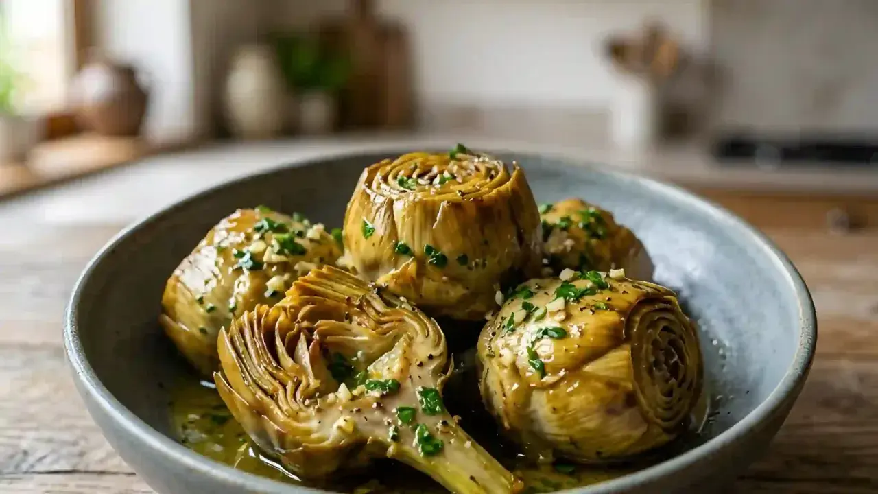 Artichauts à la romaine tendres et savoureux, nappés d'une sauce à l'ail et aux herbes, servis dans un plat en céramique.