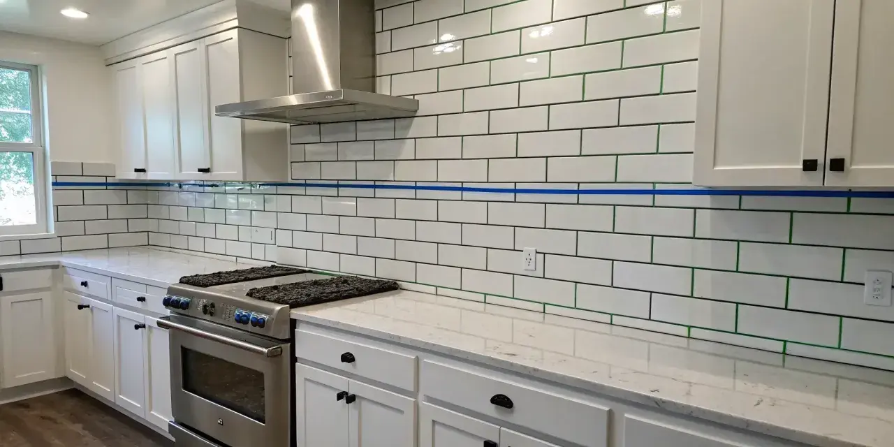 White subway tile backsplash with green grout, a stainless steel range hood, and white cabinets. This image helps visualize the cost to install tile backsplash.