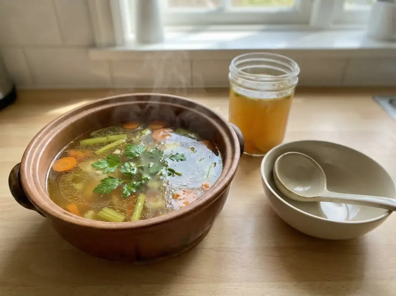 Varm kycklingsoppa med morötter och selleri i en terrakottaskål, perfekt för ett enkelt kycklingsoppa recept. En burk buljong och skålar står bredvid.
