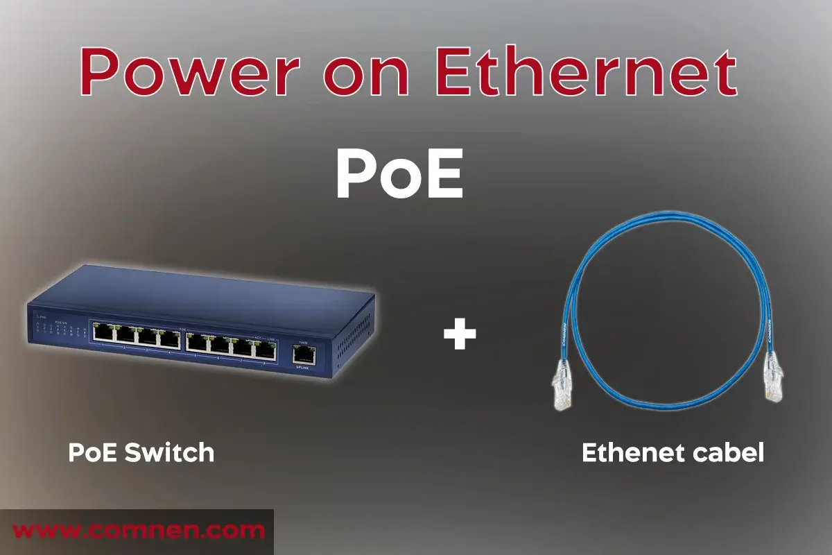 Switch PoE y cable Ethernet para Power over Ethernet. La tecnología PoE permite transmitir poe voltage y datos por un solo cable.