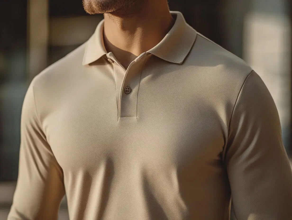 Ein Mann trägt ein hellbraunes Poloshirt. Der Kragen ist aufgeklappt und ein Knopf ist sichtbar.