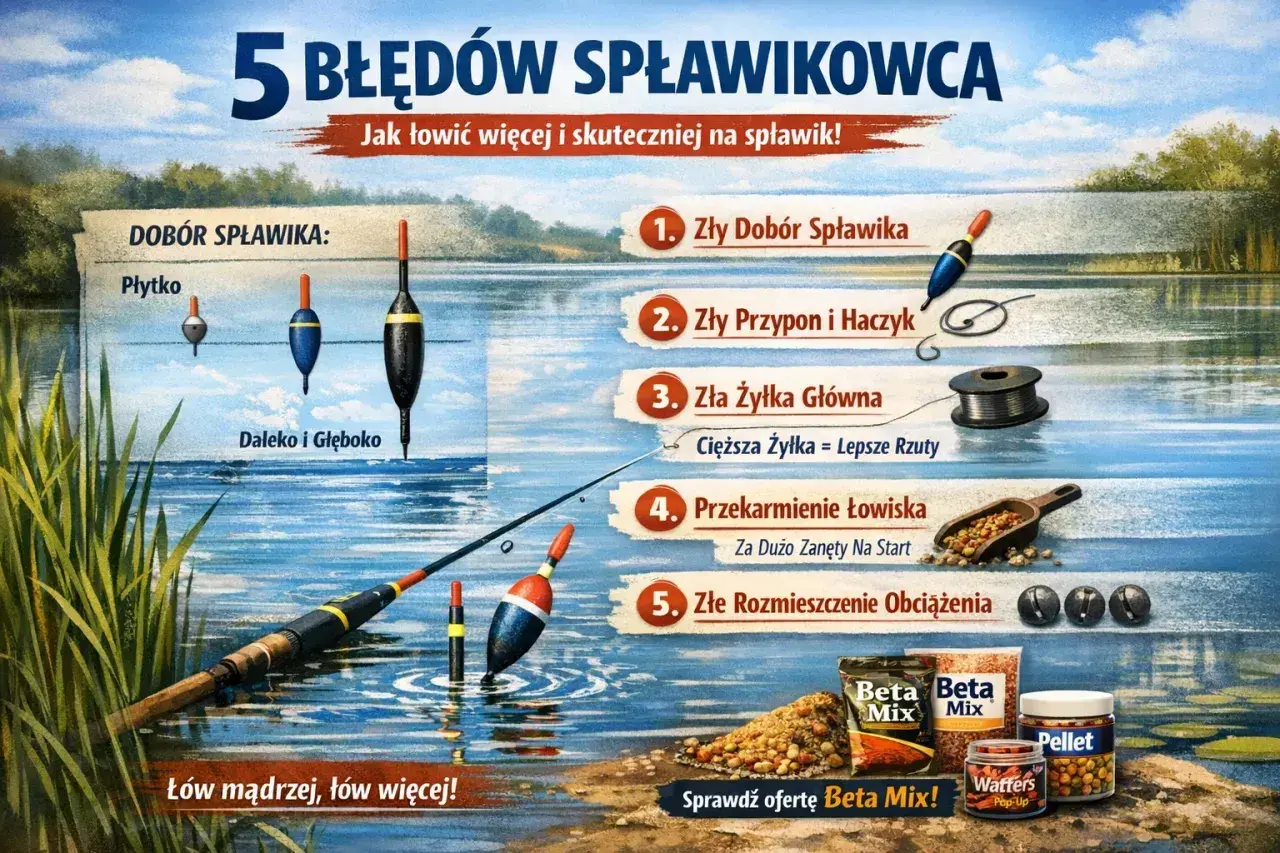 Ilustracja o wędkowaniu na spławik, pokazująca błędy i akcesoria, w tym różne spławiki. Zobacz, jak łowić mądrzej i więcej!