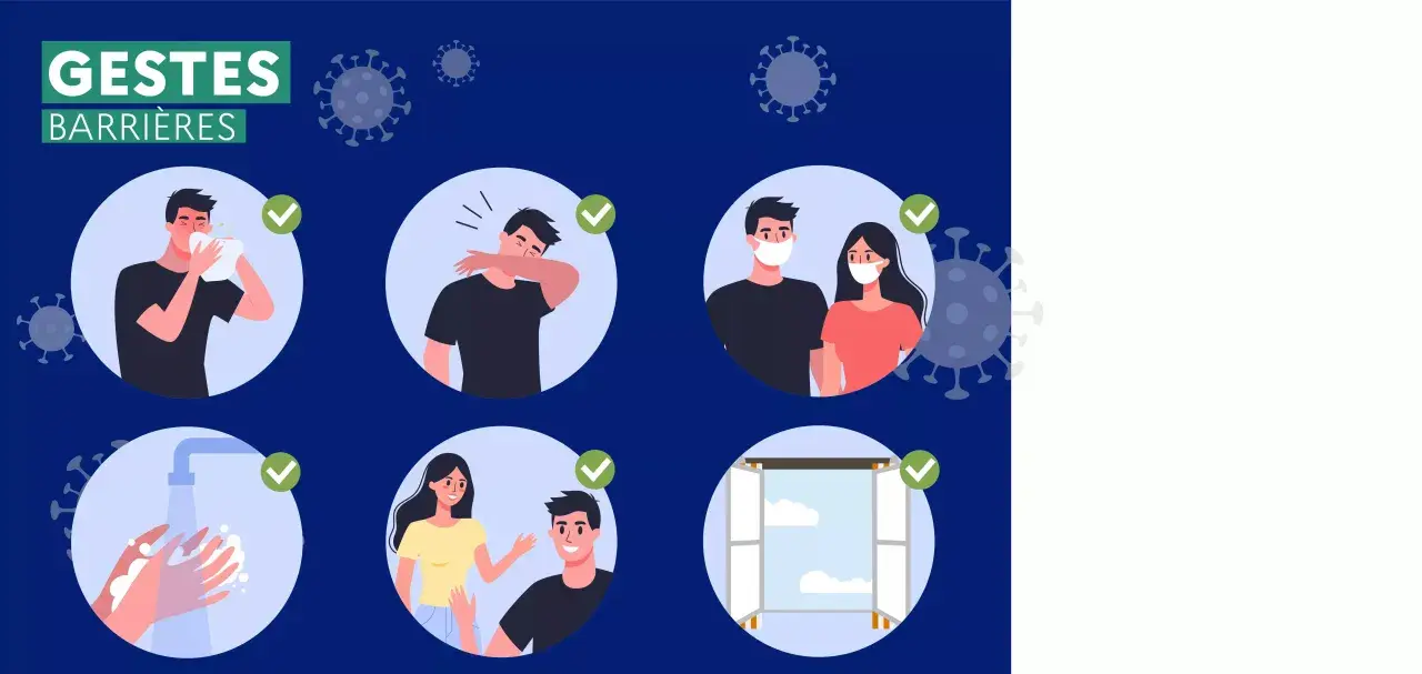 Gestes barrières pour comment éviter la grippe : se couvrir en toussant, porter un masque, se laver les mains, aérer.