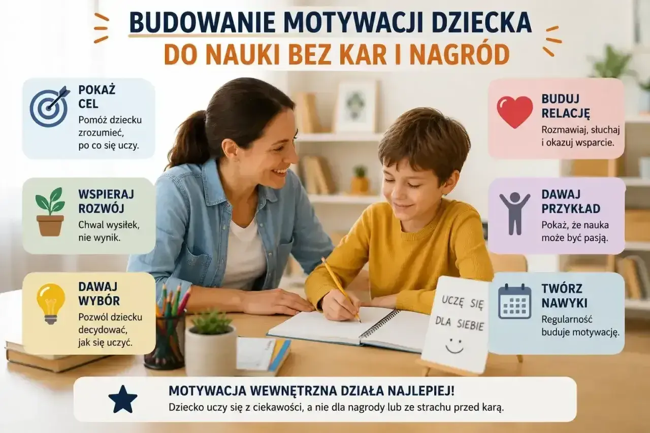 Jak zachęcić dziecko do nauki? Kobieta i chłopiec przy biurku, nauka z ciekawości, a nie dla nagród.
