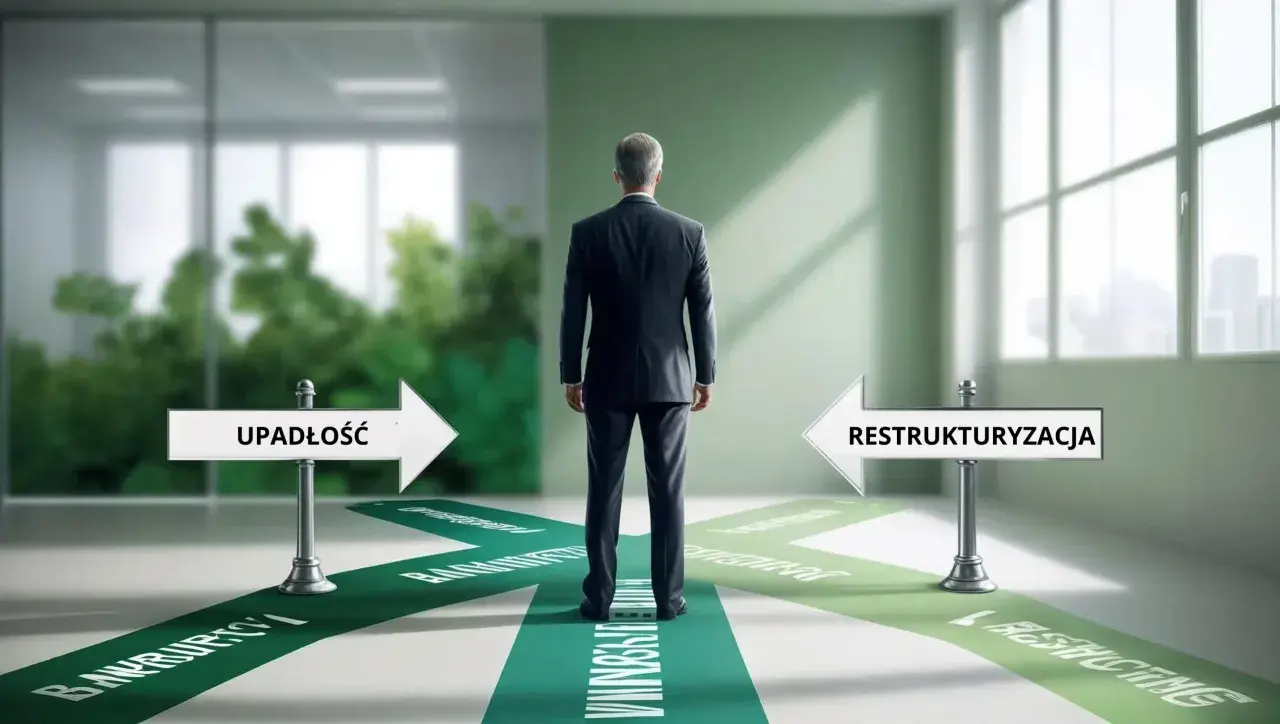 Biznesmen stoi na rozdrożu, wybierając między upadłością a restrukturyzacją.