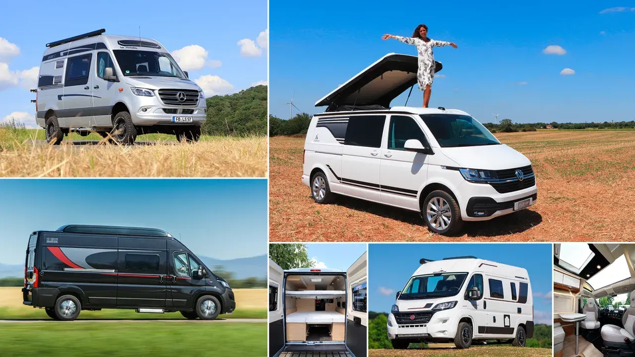 Collection de vans et fourgons aménagés, certains en extérieur, un avec une personne sur le toit, d'autres montrant l'intérieur.