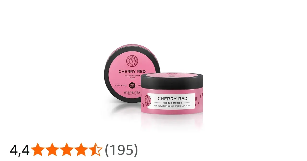 Två burkar Maria Nila Colour Refresh i nyansen Cherry Red. En öppen burk framför en stängd.