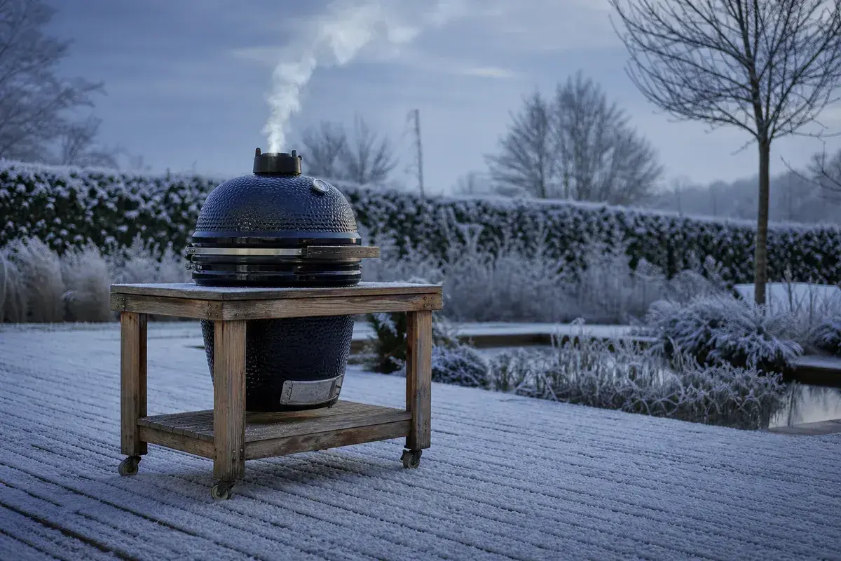 Un barbecue d'hiver fume sur une terrasse enneigée, défiant le froid pour un repas en plein air.