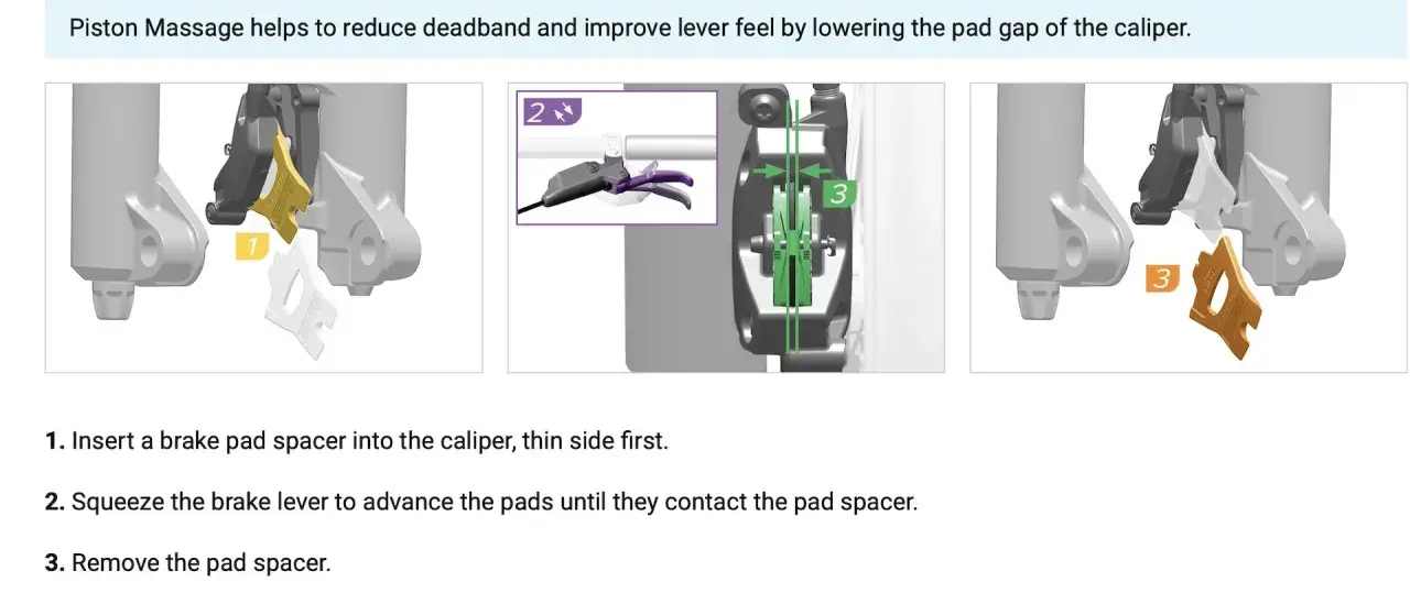 Illustrations show the SRAM pad advancement procedure: insert spacer, squeeze lever, remove spacer.