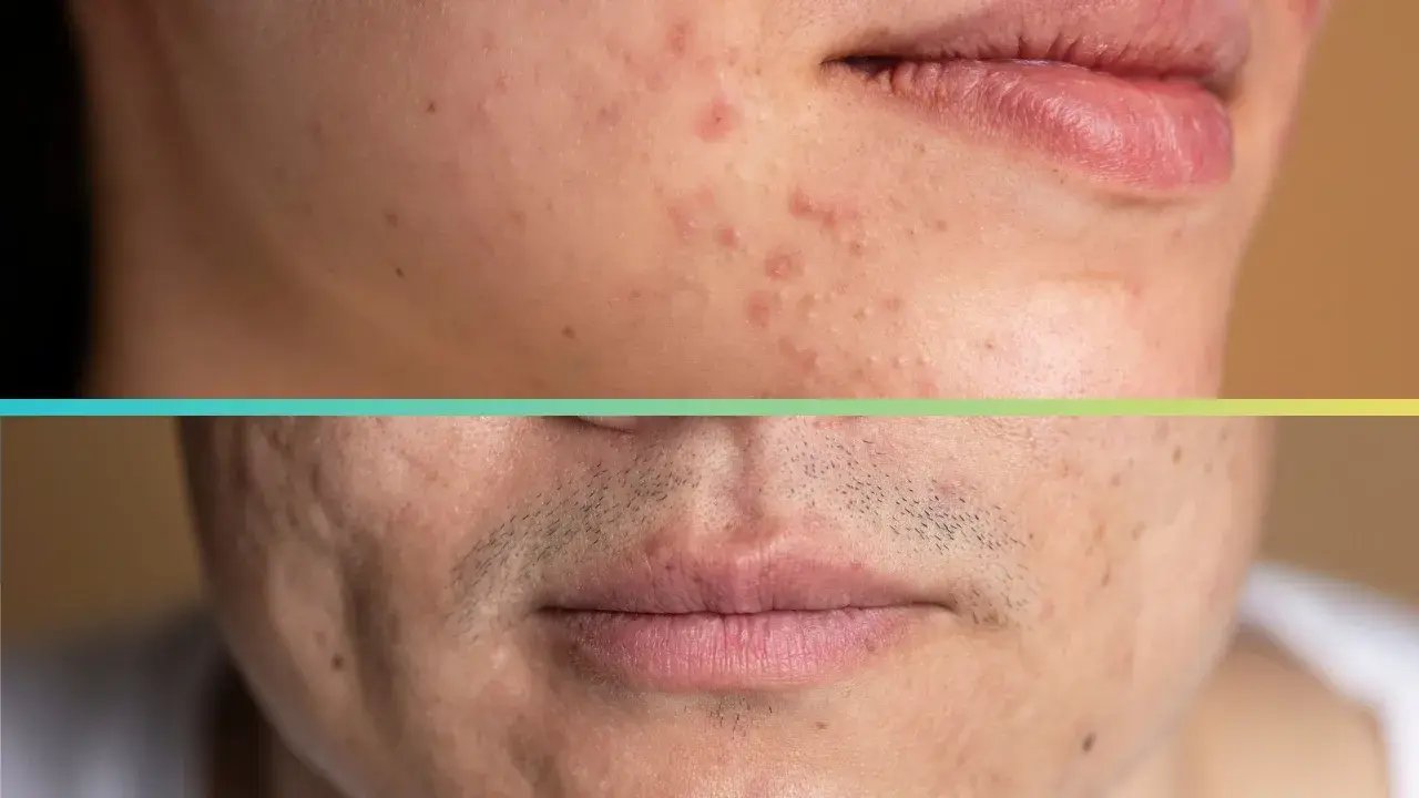 Primo piano di un viso con acne e cicatrici. Si cercano buchi sul viso rimedi naturali per migliorare l'aspetto della pelle.