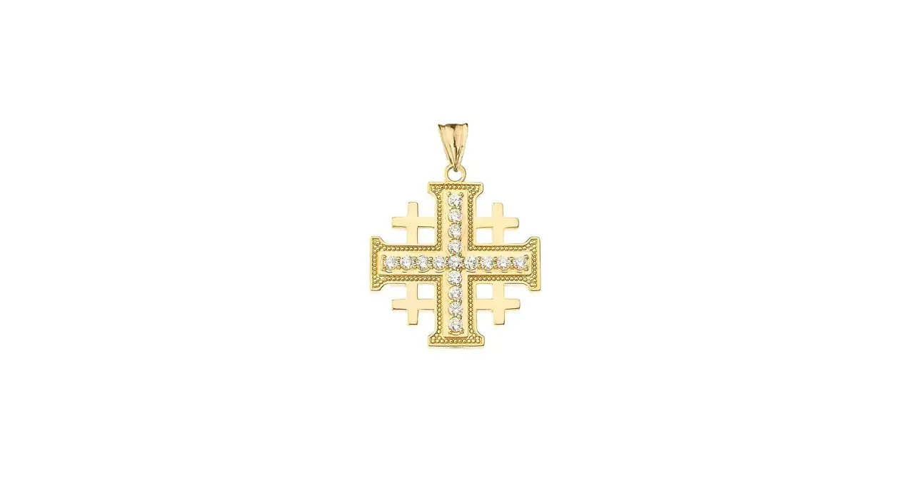 Colgante de cruz de Jerusalén en oro amarillo, con detalles de circonitas brillantes.