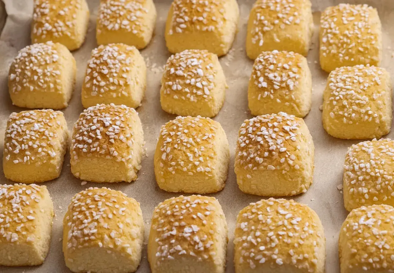 En hel bricka med gyllene, gammaldags mandelkubb, toppade med pärlsocker. Perfekta för fikat!