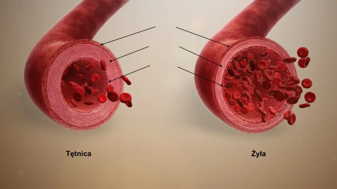Przekrój tętnicy i żyły z widocznymi krwinkami. Tętnica ma grubsze ściany, żyła cieńsze i szersze światło.