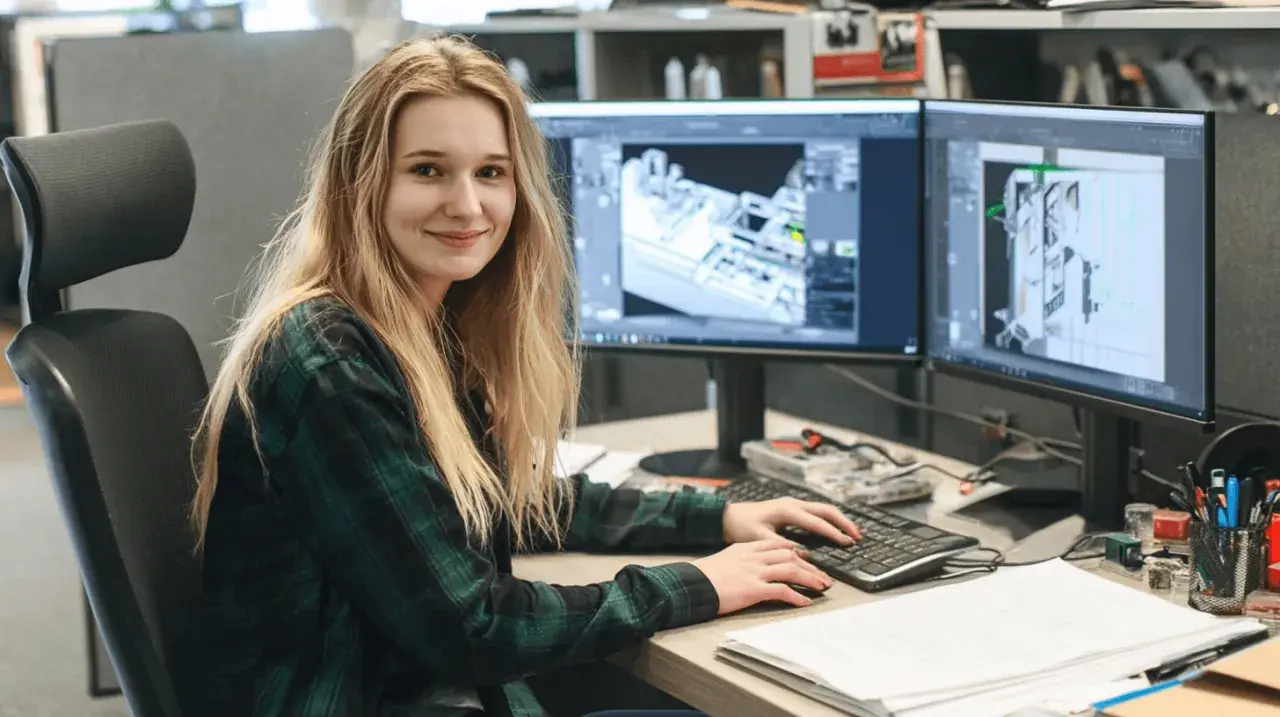 Junge technische Zeichnerin am Computer, die an 3D-Modellen arbeitet.