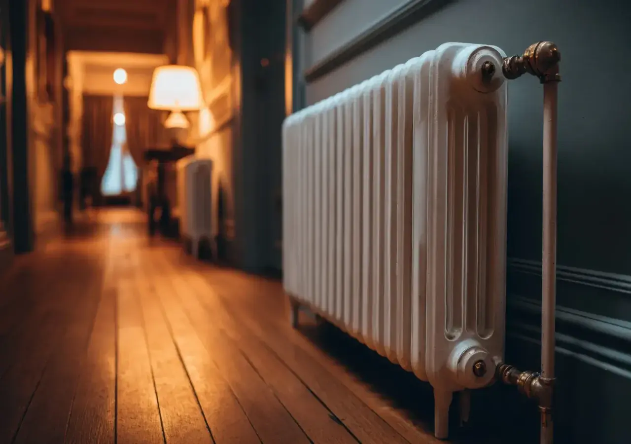 Ein weißer Heizkörper im Flur, der die Heizungsrohre verkleidet. Der Holzboden und die warme Beleuchtung schaffen eine gemütliche Atmosphäre.