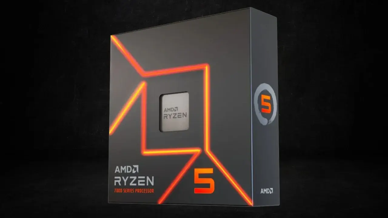 AMD Ryzen 5 7000 Series Prozessor-Verpackung mit leuchtenden Linien. Ein Blick auf die Leistung im Vergleich zu Ryzen 7.