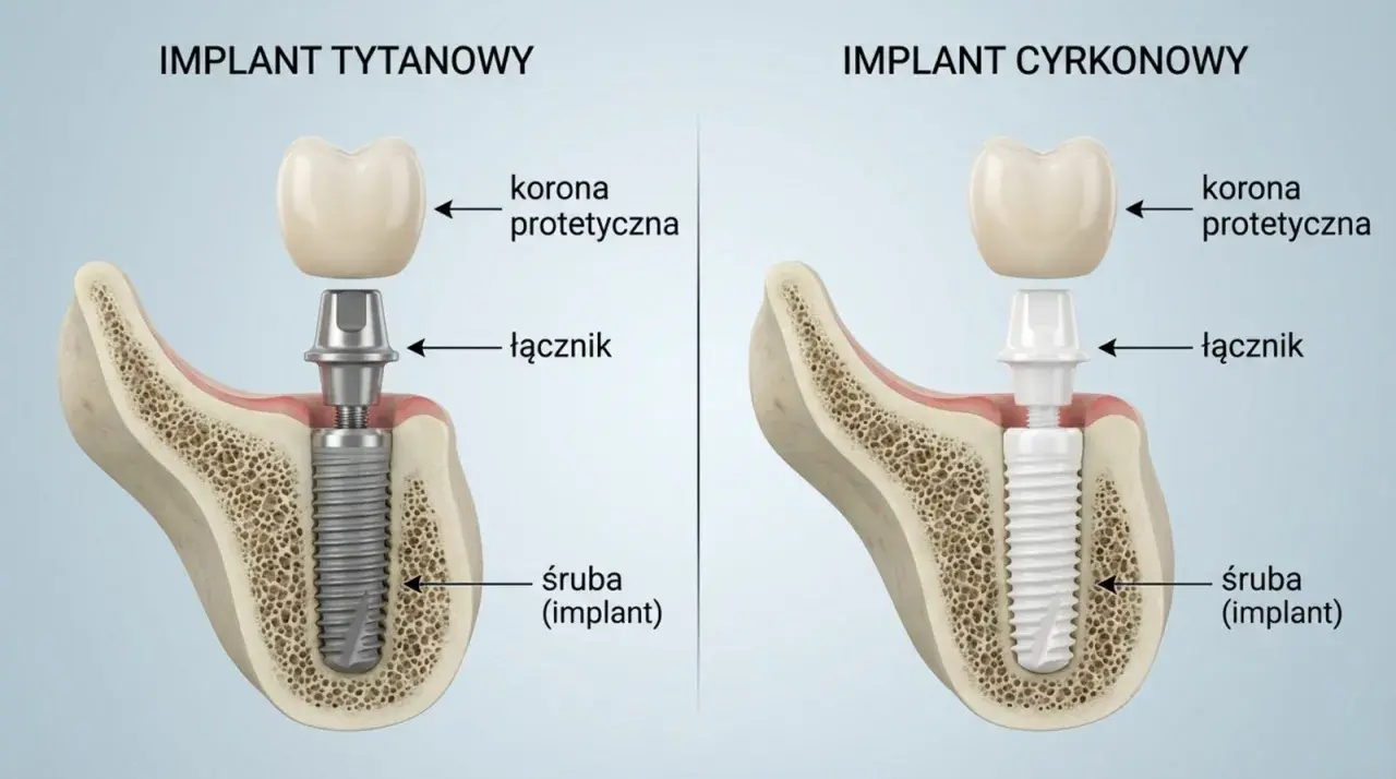 Porównanie rodzajów implantów zębowych: tytanowego i cyrkonowego, z widocznymi elementami: śrubą, łącznikiem i koroną protetyczną.
