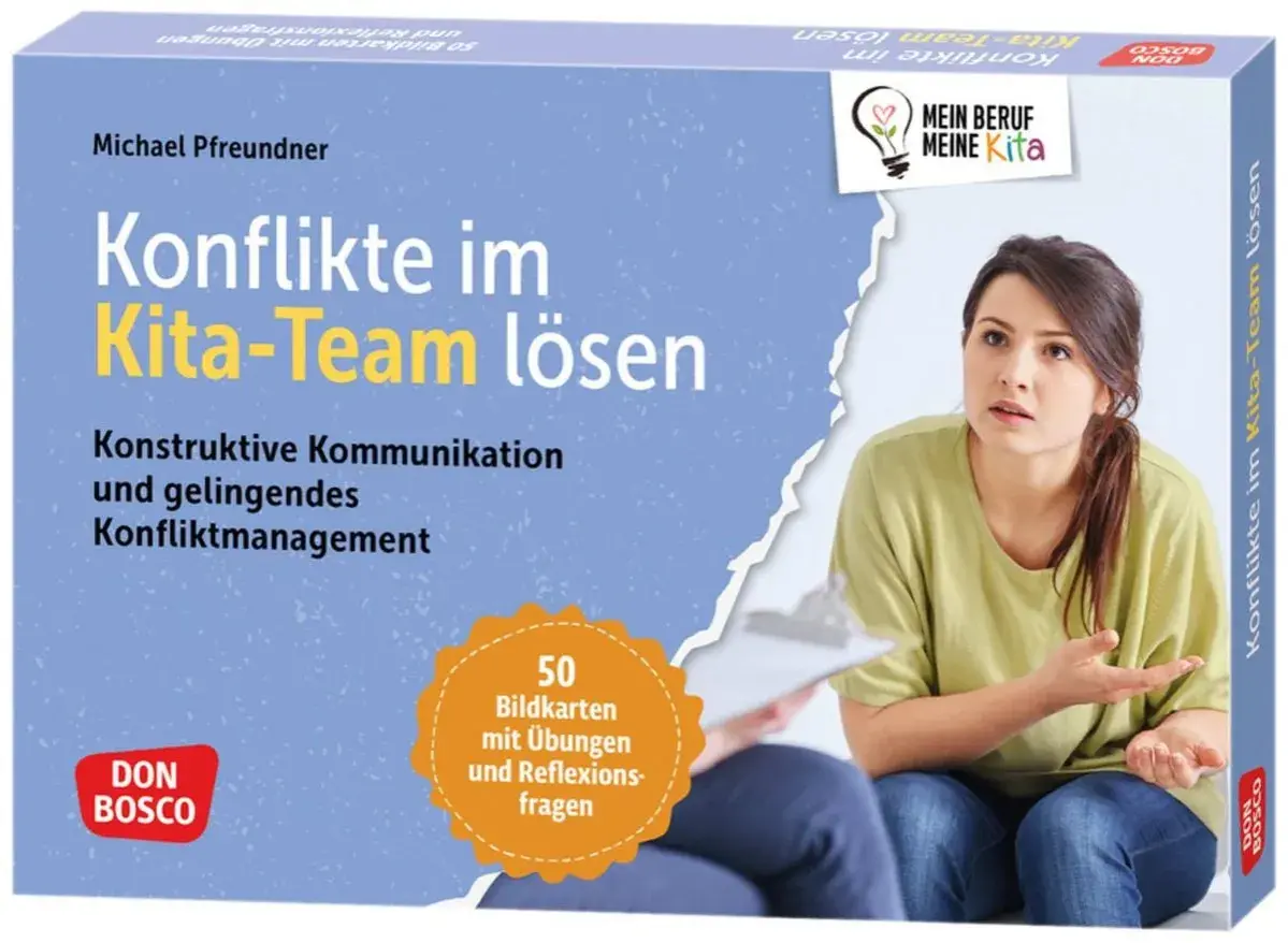 Buchcover: Frau im Gespräch, Titel "Konflikte im Kita-Team lösen", Michael Pfreundner, Don Bosco.