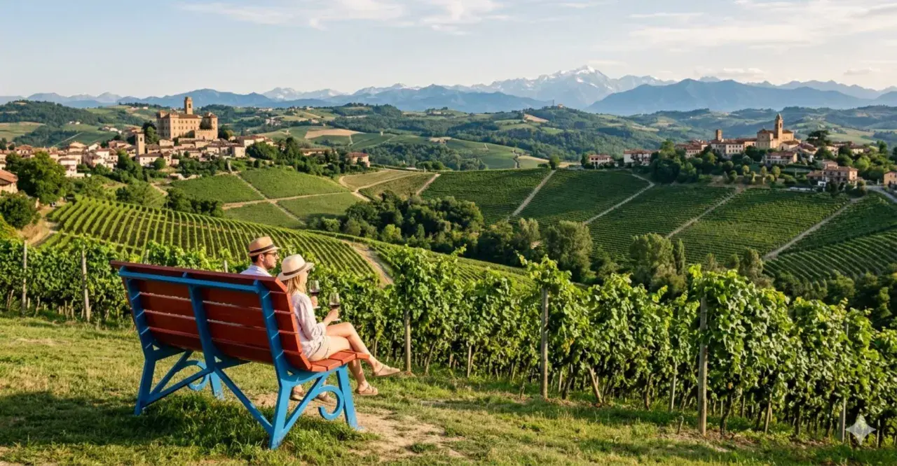 Coppia su una panchina ammira il panorama delle Langhe, un perfetto tour enogastronomico tra vigneti e borghi storici.