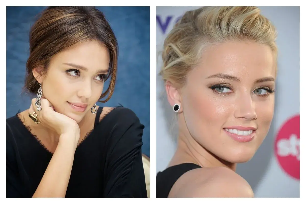 Deux portraits de femmes. À gauche, Jessica Alba, le menton posé sur sa main, bijou imposant. À droite, Amber Heard, souriante, le regard tourné, un maquillage subtil pour se maquiller naturellement.